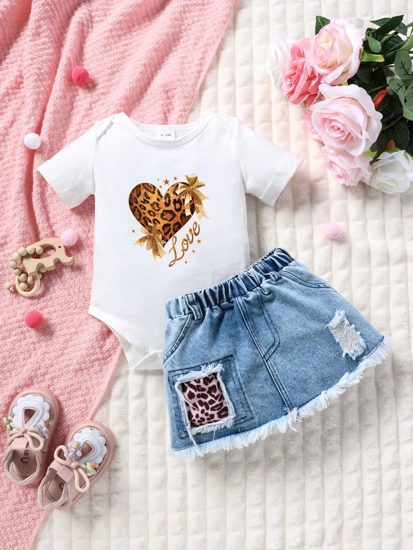 Leopard Heart Gold Bow Romper Denim Skirt Set Delicate Cool Outfit for Girls