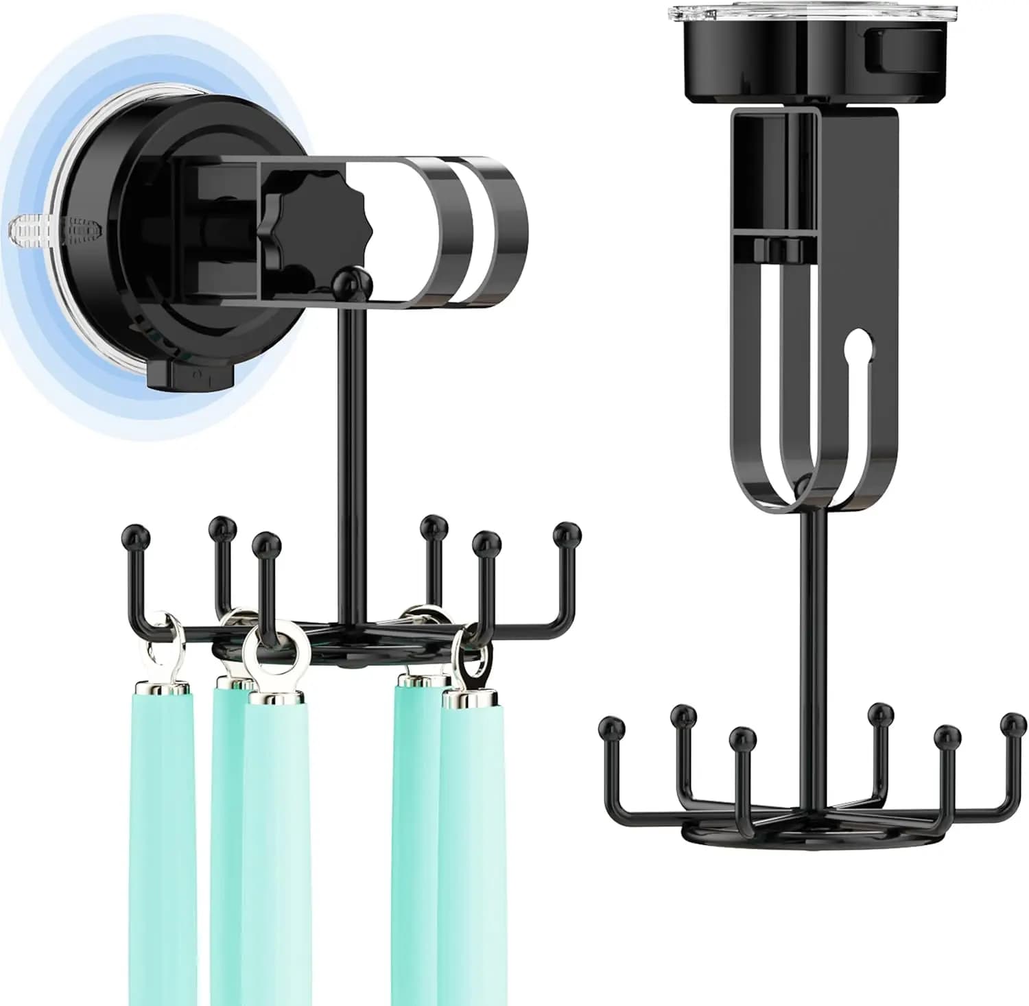 Confezione da 2 ganci per utensili con ventosa a vuoto – 6 ganci girevoli (360°) ° Appendiabiti da appendere senza foratura per cucina, bagno e superfici in vetro