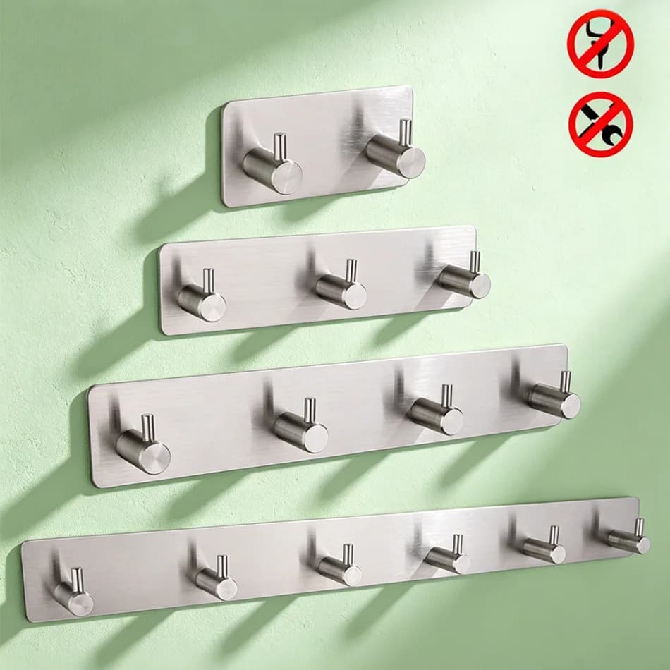 Adhesive Wall Hook Brushed Stainless Steel Bedroom Bathroom 2 3 4 5 6 Row Hooks Robe Clothes Towel Door Holder Storage Hanger