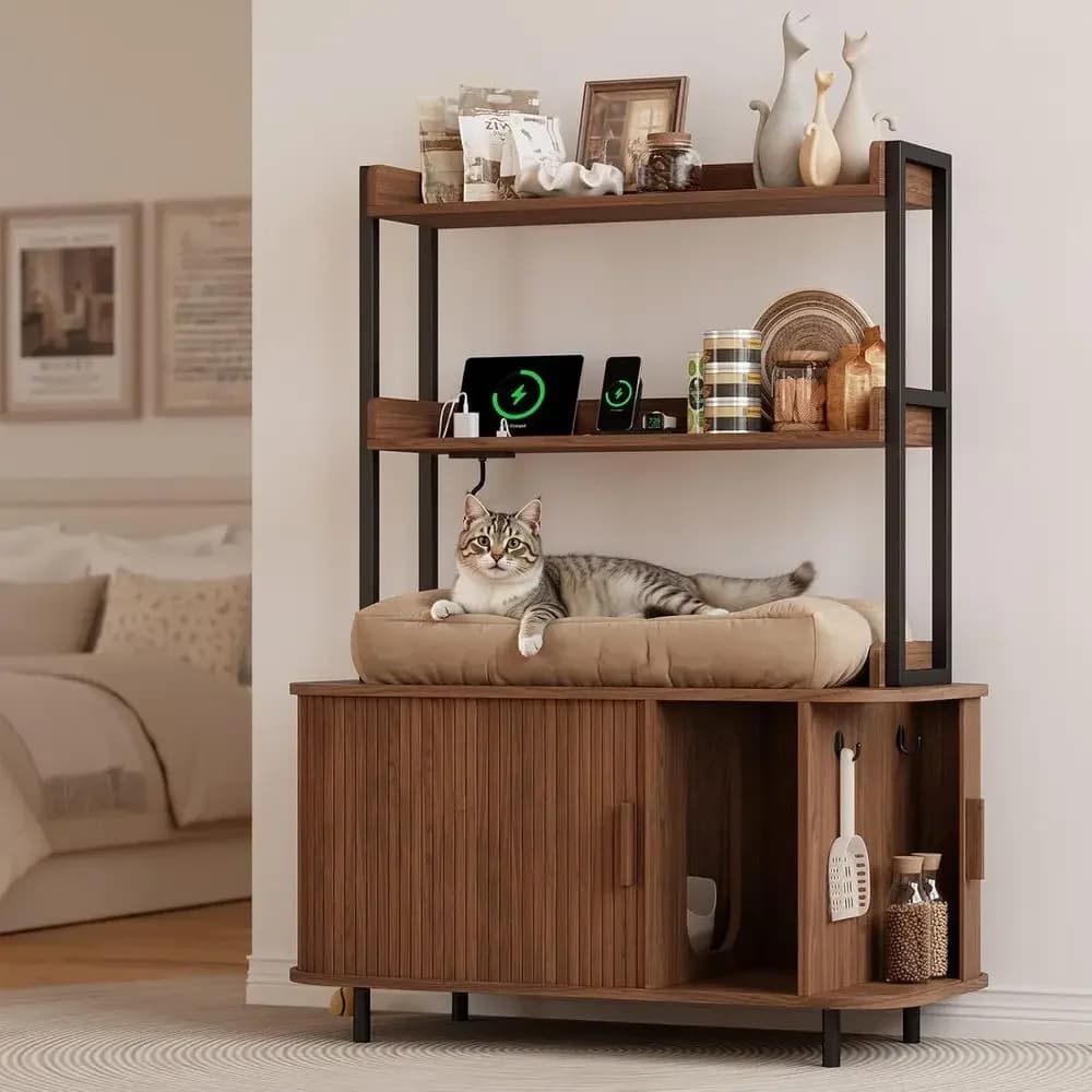 54 Inch Concealed Litter Box Furniture with Shelves, Outlets, and Sliding Door, Modern Wooden Cat House in Walnut