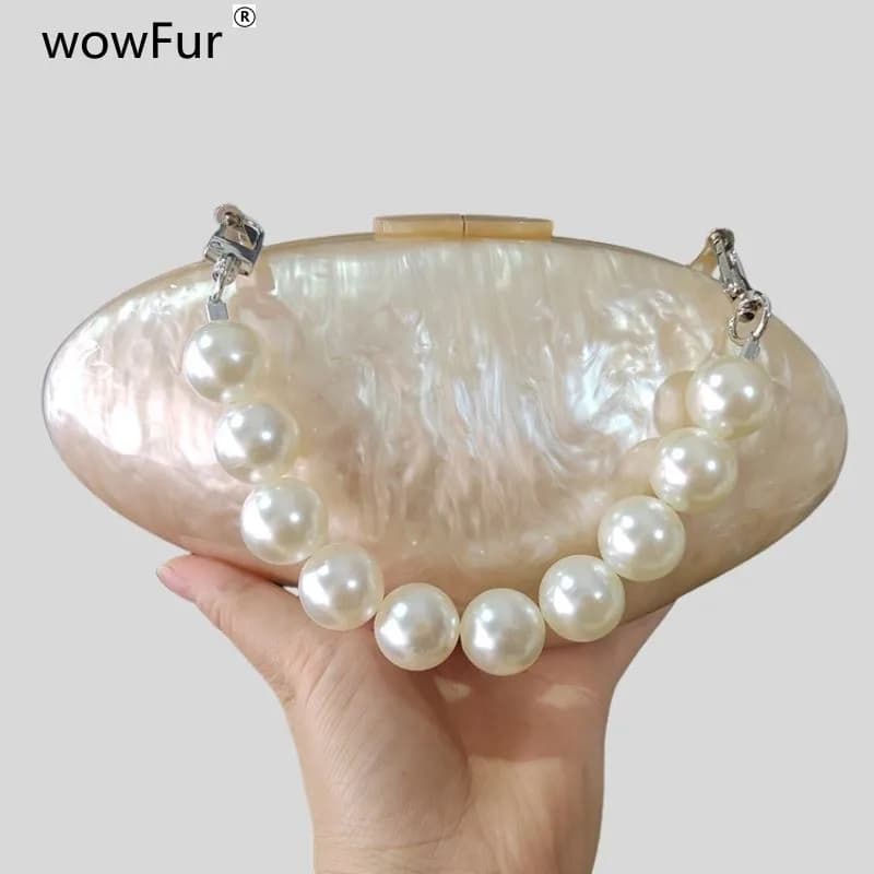 Brand White Pearl Nude Bracelet Acrylic Chain Sleeve Box Pouches Women's Shoulder Bag Bridal Seed Dress Bag Bag