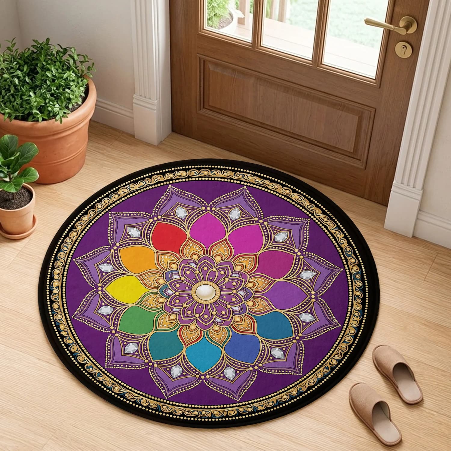 Colorful Mandala Round Rug, Bohemian Spiritual Meditation Floor Mat, Vibrant Geometric Circle Carpet for Entryway & Yoga Room