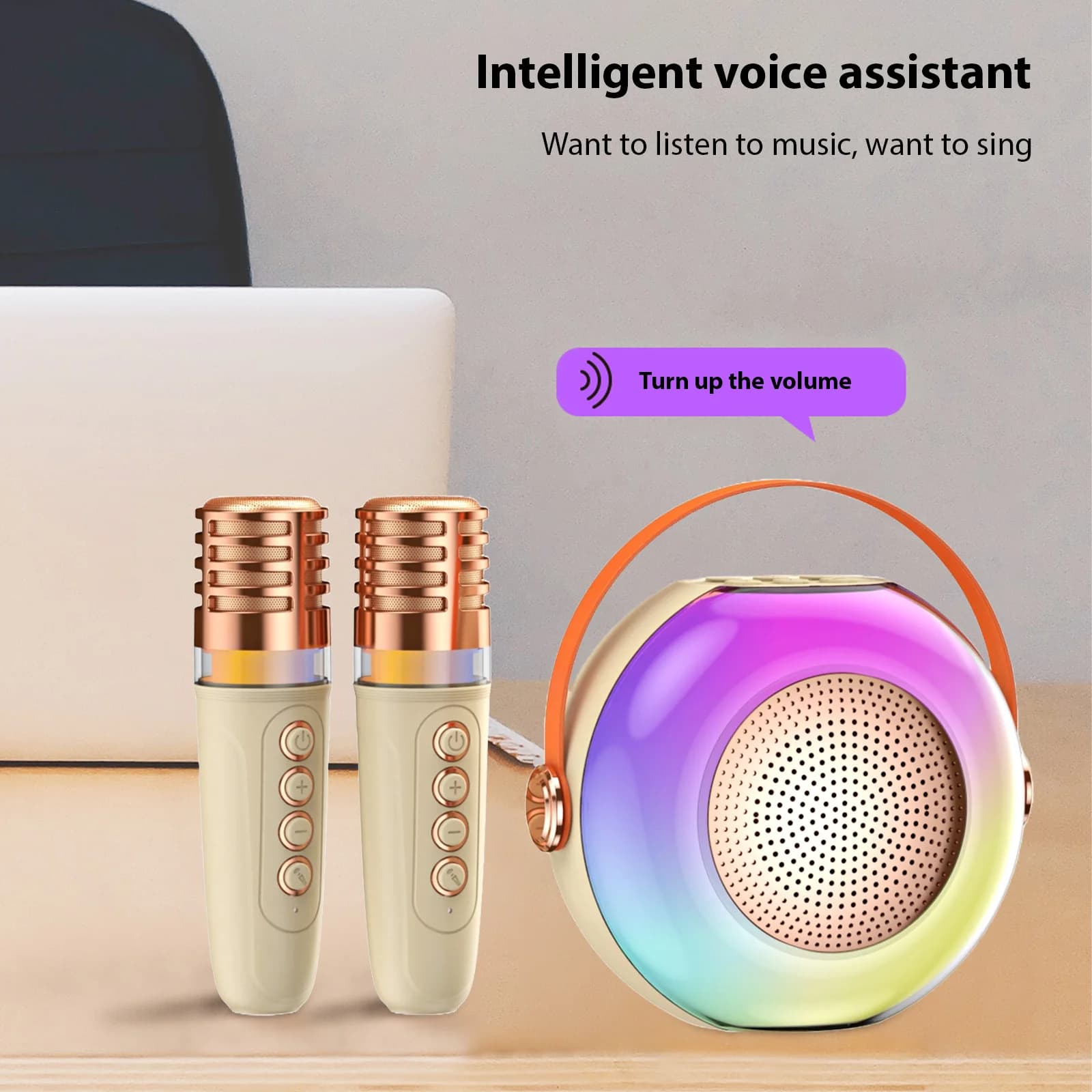 Macchina per karaoke con 2 microfoni wireless Altoparlante per microfono BT Set KTV con effetti luminosi RGB Sistema karaoke con controllo vocale
