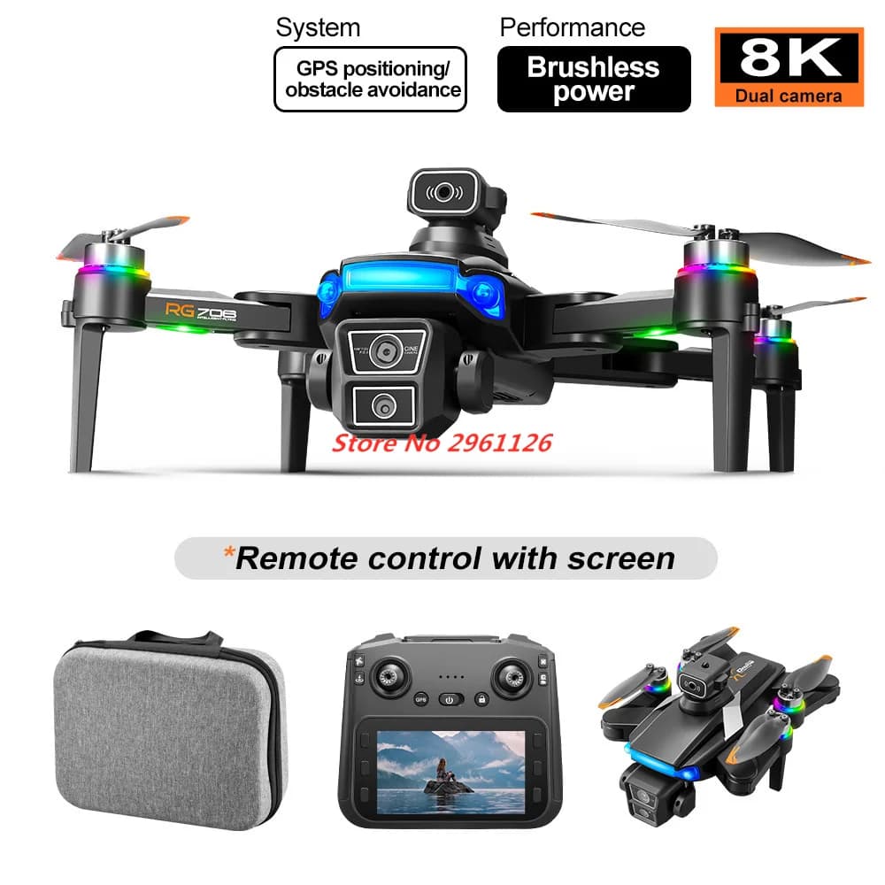 Drone GPS Professionale con Telecamera 8K HD, Schermo Integrato, GPS, WiFi 5G, Evitamento Ostacoli, FPV, Quadricottero RC Brushless con Ampio Schermo