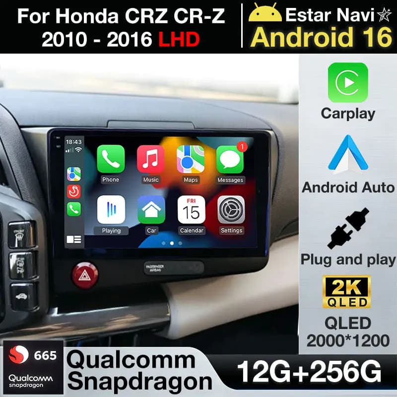 Autoradio Android 16 con Carplay per Honda CRZ CR-Z 2010-2016, Lettore Multimediale Video, Navigazione GPS, Senza 2Din, DSP, BT