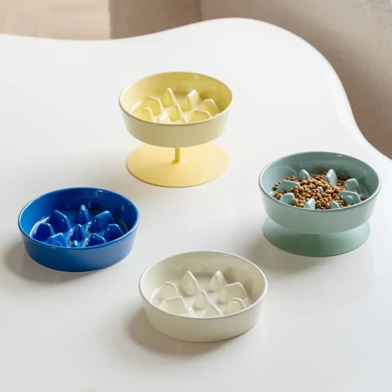 Elevated Ceramic Slow Feeder Bowl for Cats and Small Dogs Non-Slip Raised Food Pet Dish Bowls with Iron Stand Anti Gulping Bowl
