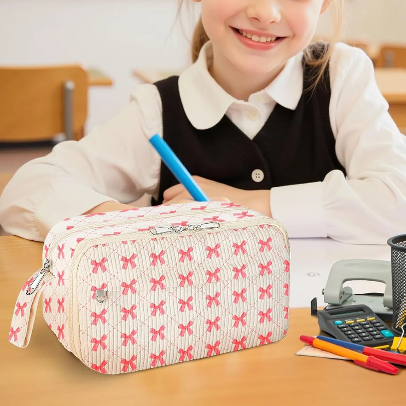 Astuccio in velluto a coste con scomparti, morbido portapenne per studenti, organizer per cancelleria scolastica per ragazze e ragazzi