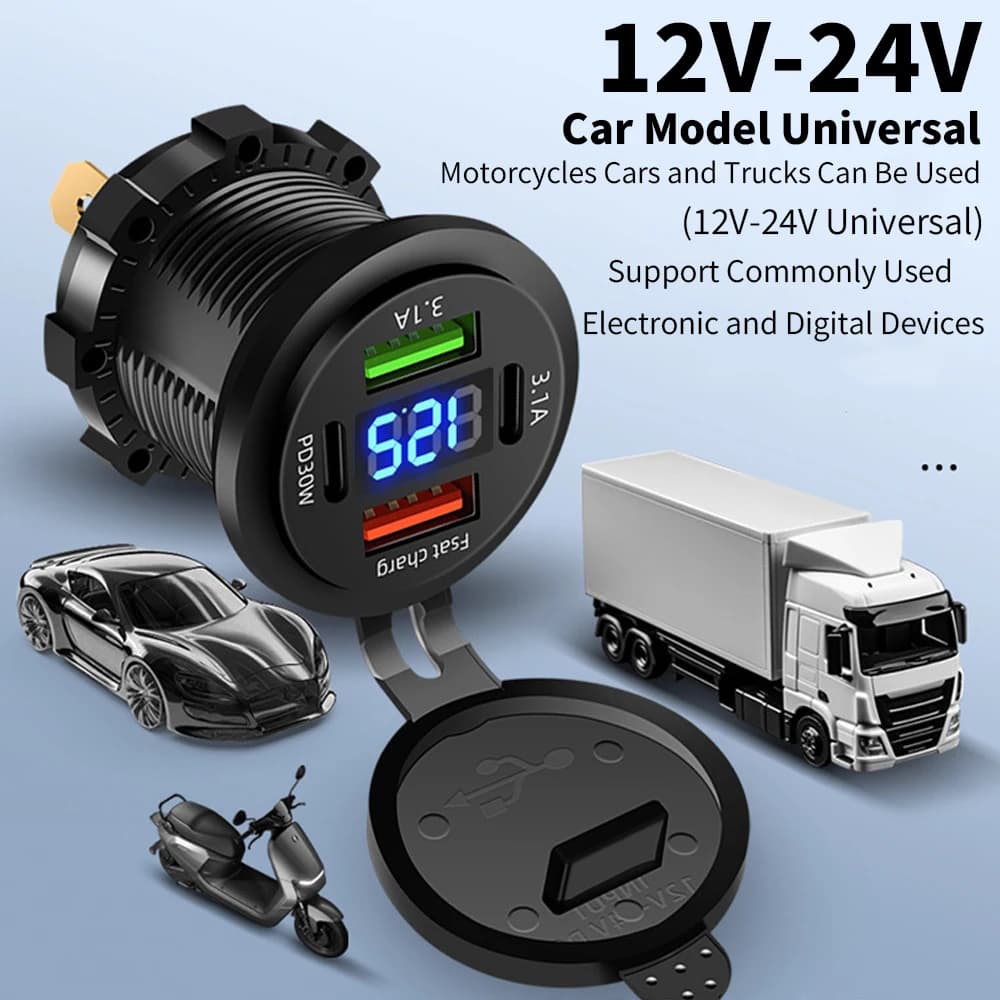 48W Four-Port Dual Pd+ Dual Qc3.0 Digital Display Fast Charging Vehicle Usb Charger Is Suitable for Car Rv Suv Boats and Yachts