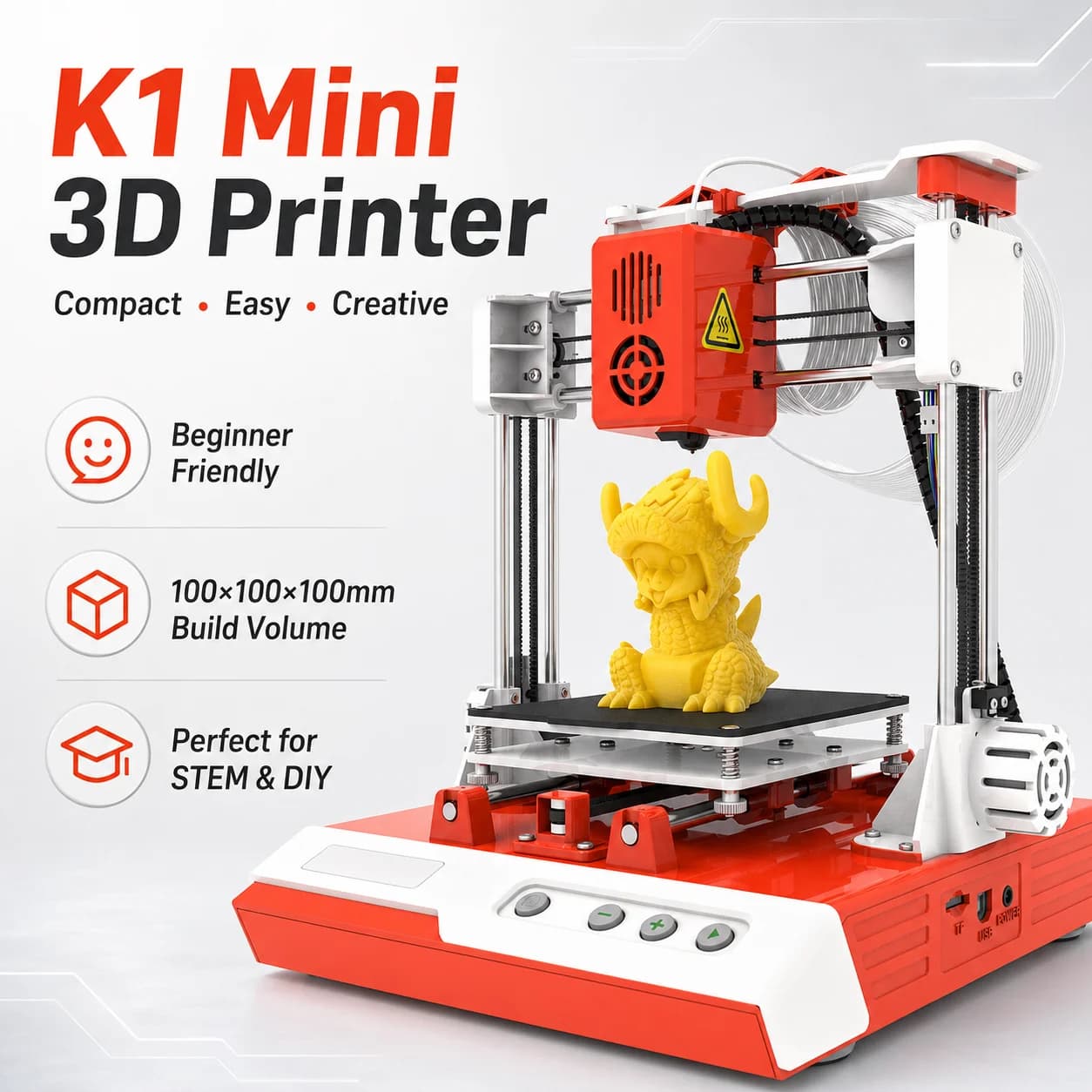 K1 Mini 3D Printer 100x100x100mm DIY FDM Printer PLA Filament Printing Machine for Kids Beginners Home Education USB TF Card