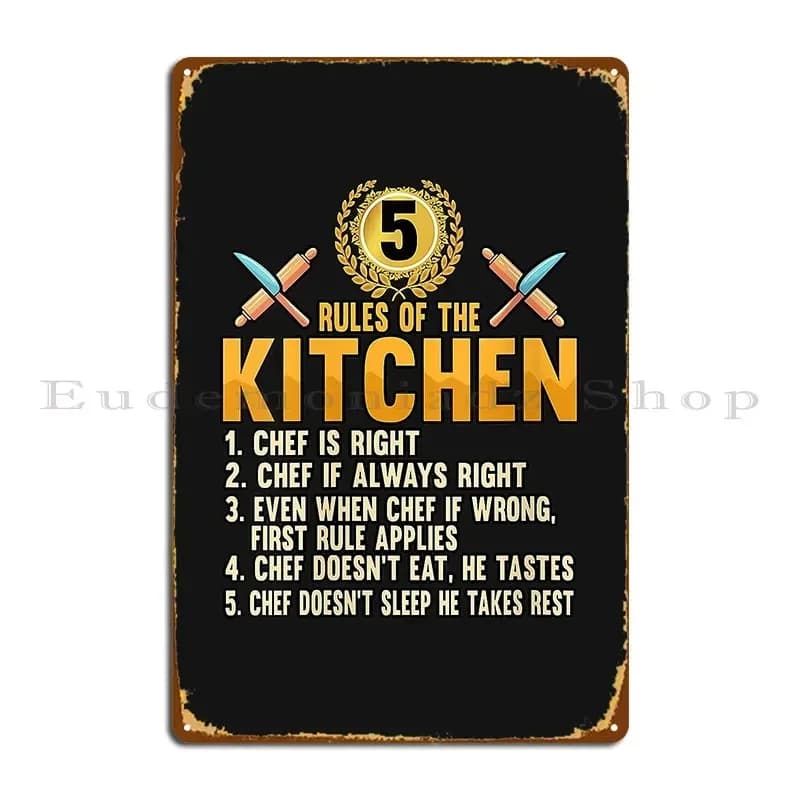 Targa in metallo con scritta 'Womens Funny Chef Rules Of The Kitchen Baker Cook Knife V Neck', decorazione da parete per soggiorno, poster in latta.