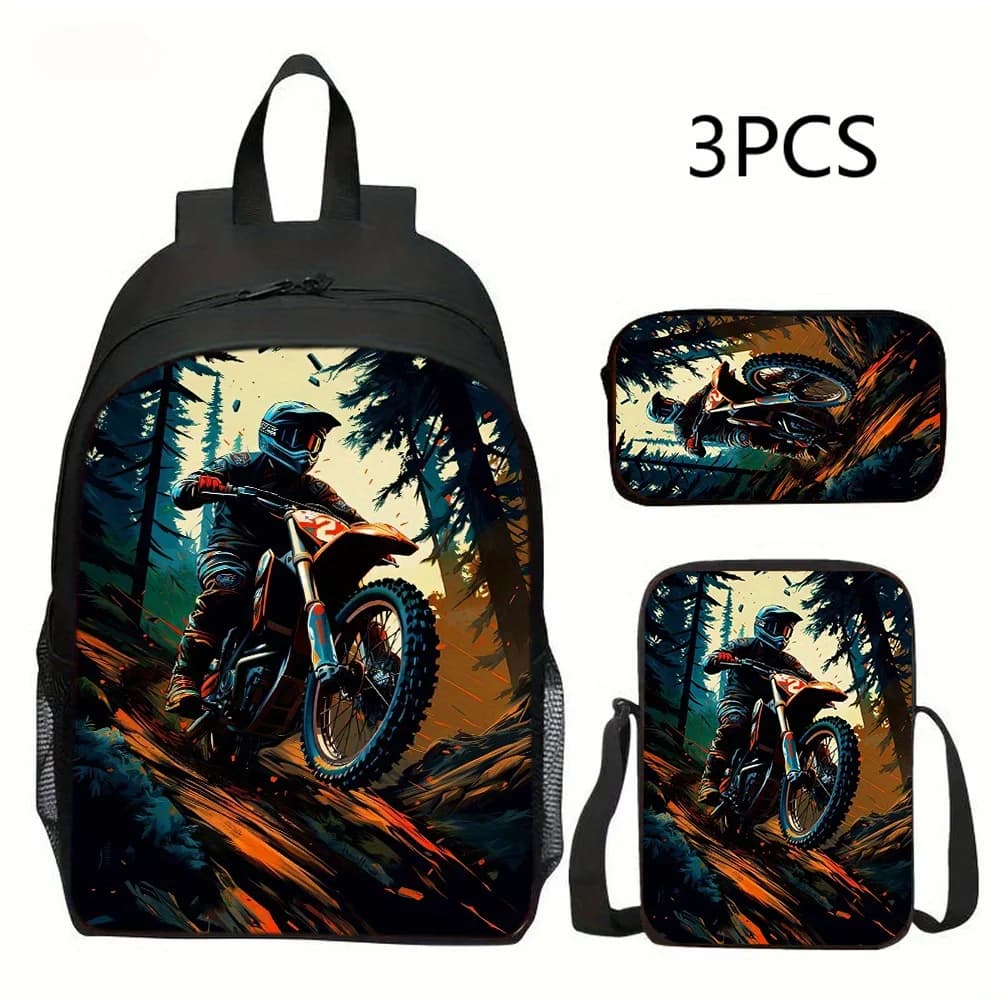 Set di 3 zaini con design Motocross - Poliestere resistente, nero con grafica rossa e bianca, include borsa a tracolla, borsa a spalla
