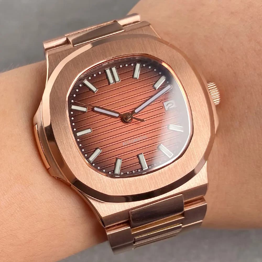 Tandorio Rose Gold NH35A 100M Diving Automatic Watch For Men Square Case Brown Dial Luminous Sapphire Stainless Steel Screw Crow