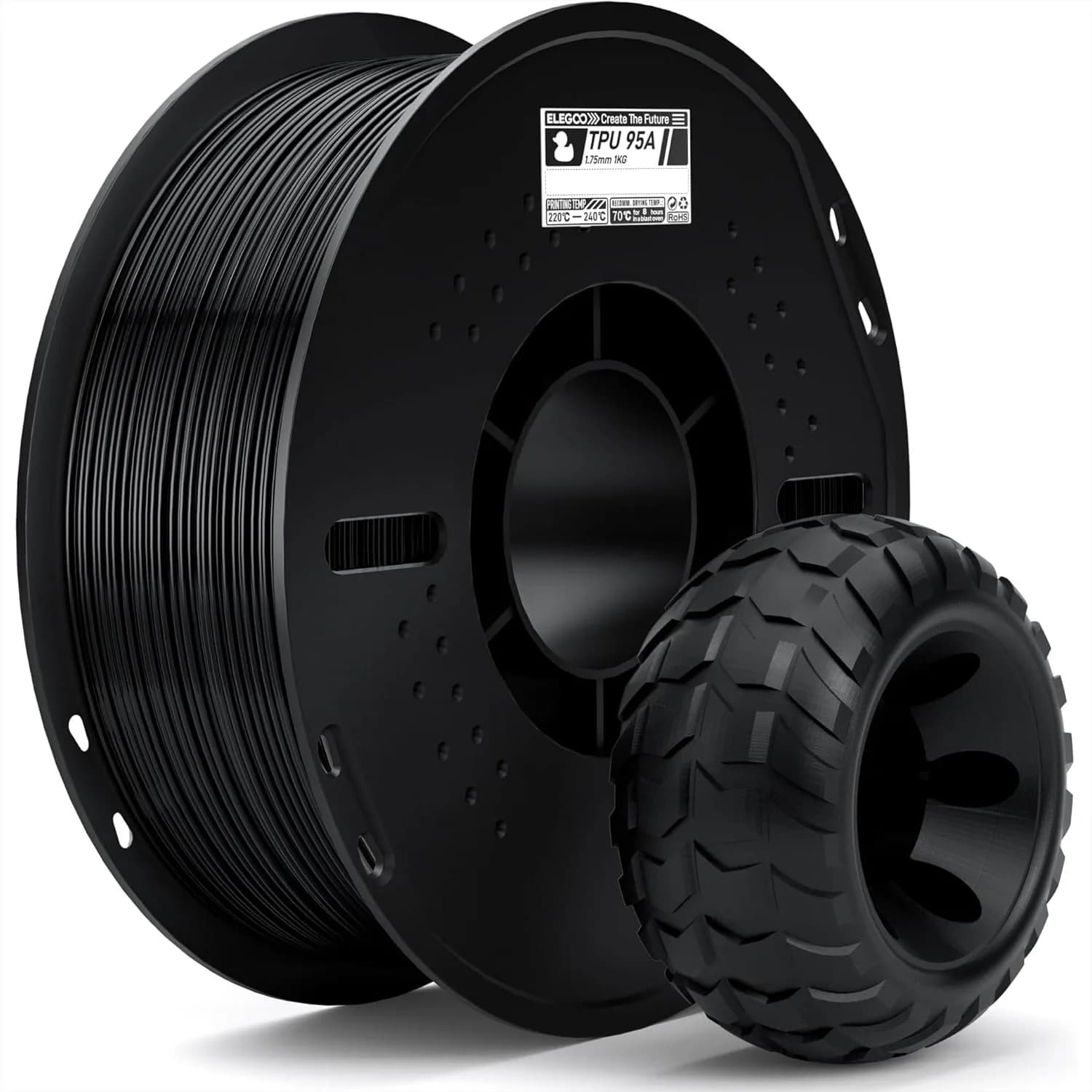 Filamento TPU 1.75mm Nero 1KG, 95A Flessibile Morbido per Stampa 3D Bobina da 1KG (2.2 libbre) per Stampanti 3D FDM