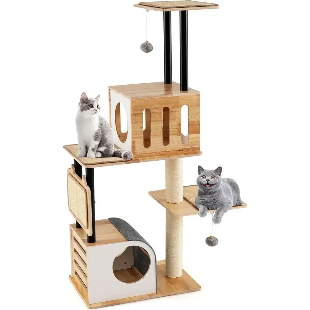 Multi-Level Tall Cat Tower with Double Condos, Jumping Platforms, Toys, Sisal Scratching Posts for Indoor Cats