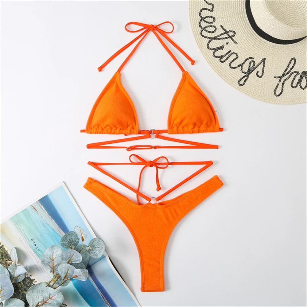 Micro String Extrem Bikini Arancione Y2K Triangolo Backless Costume da bagno Anelli di spugna Vacanza Costumi da bagno Donna Push Up Costumi da bagno da spiaggia