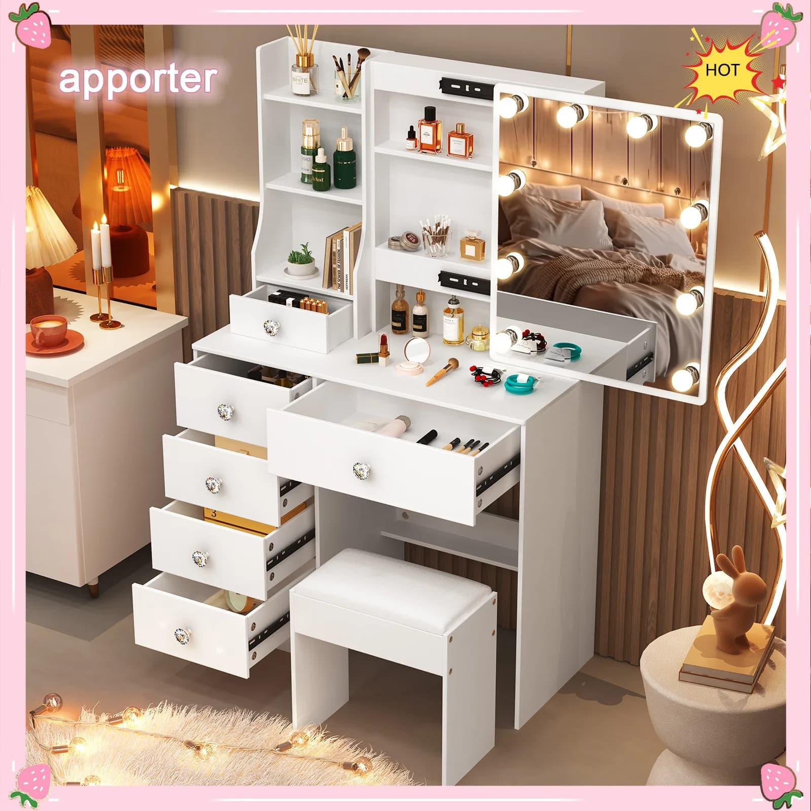 10 luci a LED con specchio a 3 colori e cassettiera, tavolo da trucco per regali di Natale
