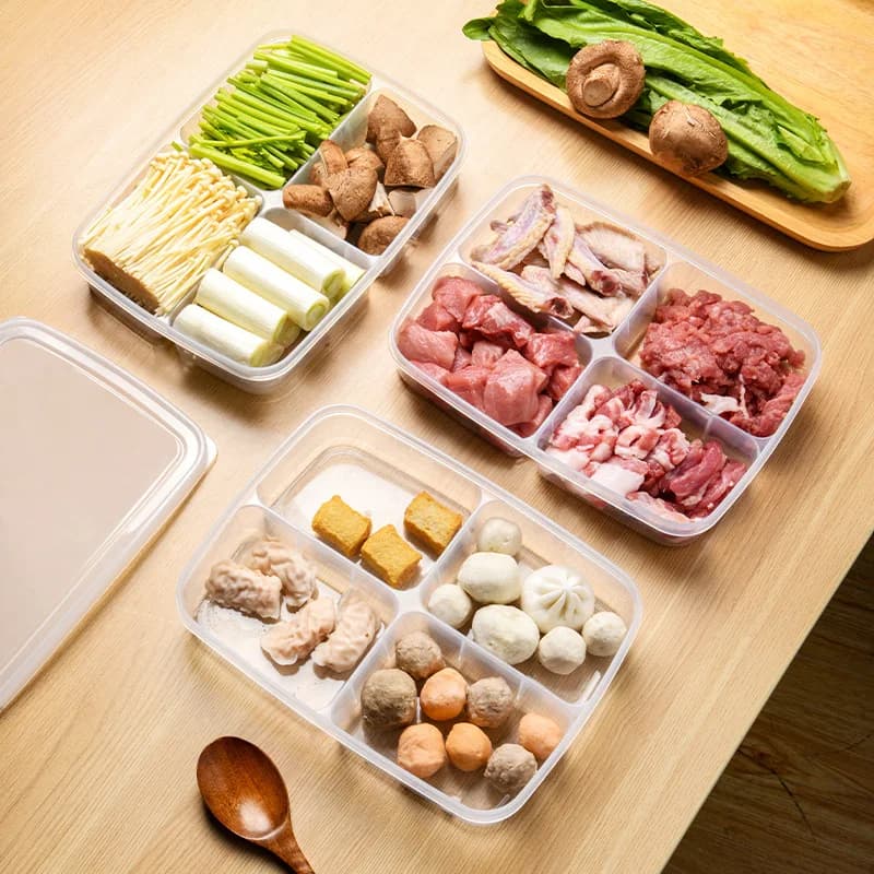 Transparent Four Grid Refrigerator Large Capacity Storage Box Frozen Meat Compartment Food Sub-packed Kitchen Tools