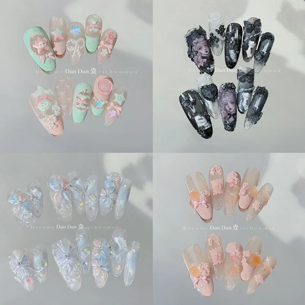 Cute Cool Sweet Korean-Style Light Pink Stars Ellipse Nail Art 3D Bowknot Pearl Flower Press-On Nails Appointment Accessories