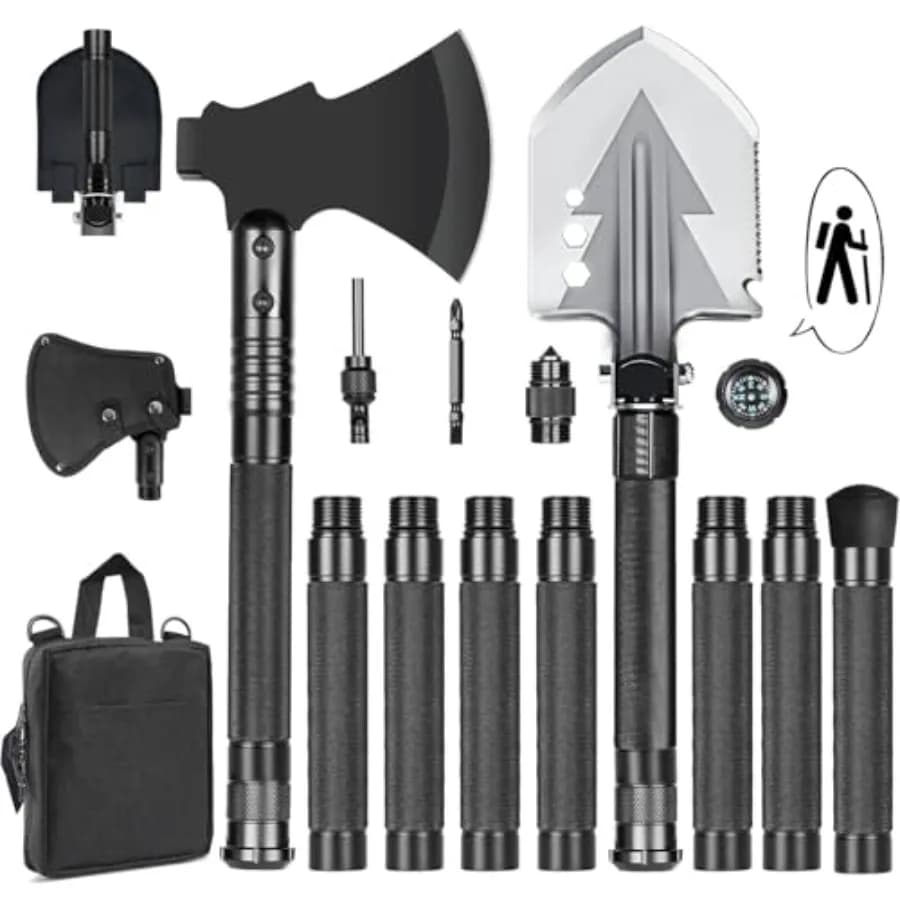 Kit di sopravvivenza multifunzione 20 in 1, pala da campeggio, ascia militare, bastone da trekking da 55 pollici, pala pieghevole con borsa portatile e ascaccio per C