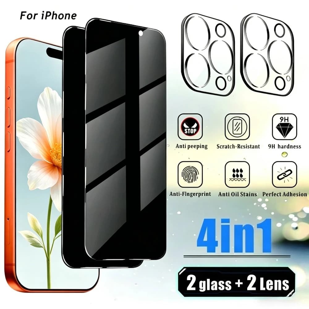 2 Pezzi Protezione Schermo Anti-Spia Completa per iPhone 17 16 15 Pro Max 17e 16e Air 14 13 12 Pro 15 14 Plus con 2 Pezzi Vetro Protezione Lente Fotocamera