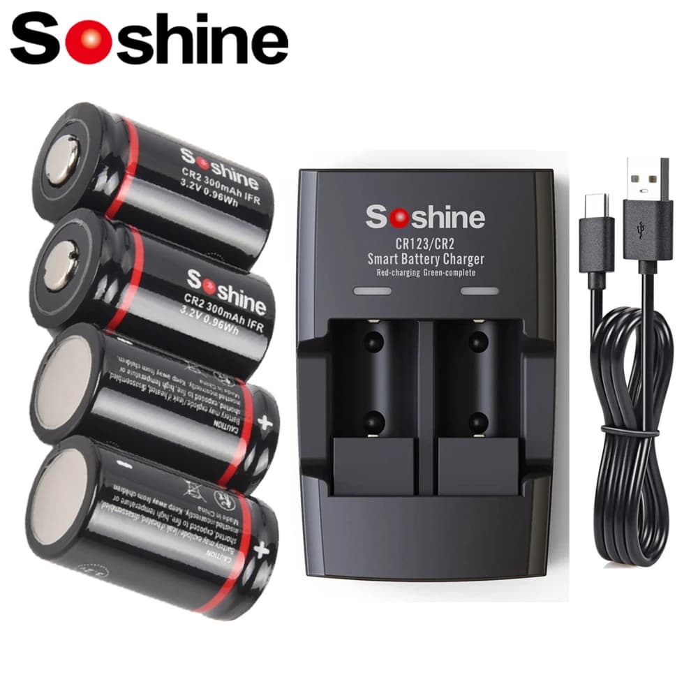 Soshine CR2 15266 Batteria ricaricabile da 300 mAh Caricatore intelligente LiFePo4 Batteria LiFePo4 da 3,2 V 300 mAh per telemetri Allarmi di fumo