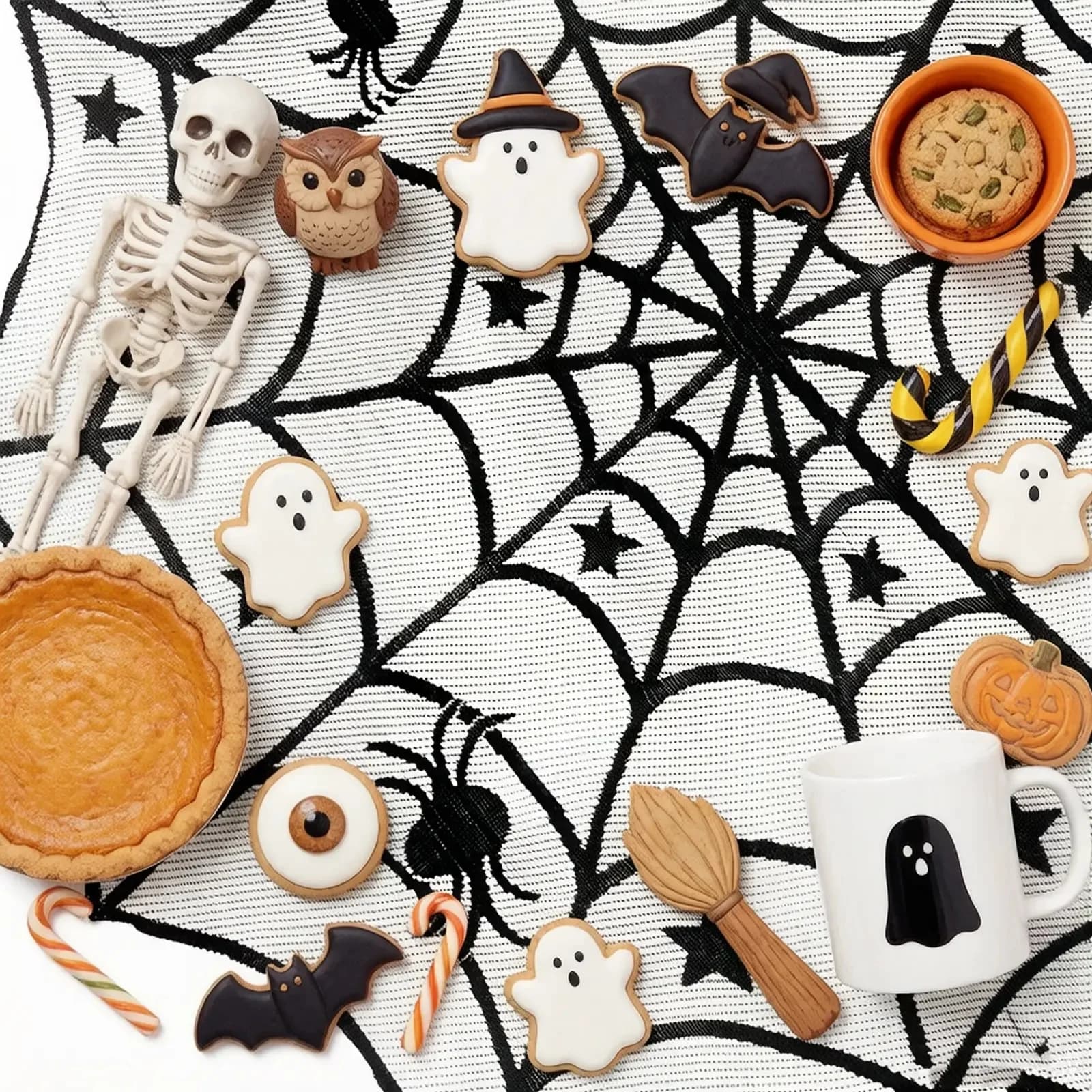 Tovaglia Rotonda in Pizzo per Halloween, Design Ragnatela Nera con Coprifocolo Coordinato, Set Decorativo Spaventoso per Finestre