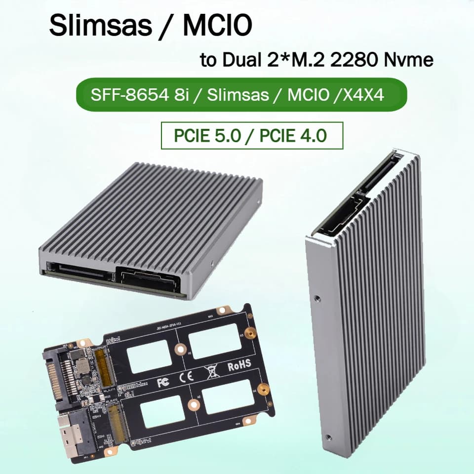 External Graphics SlimSAS SFF-8654 8X / MCIO 8i To 2*M.2 2280 NVMe Adapter 4.0/5.0 Server Motherboard HDD SSD Heatsink Enclosure