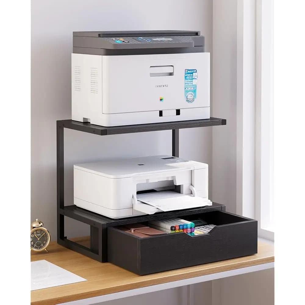 Supporto per Stampante a 2 Livelli, Organizzatore da Scrivania Multiuso, Tavolo per Stampante con Ripiano Portaoggetti per Cartelle, Libri, per Fax