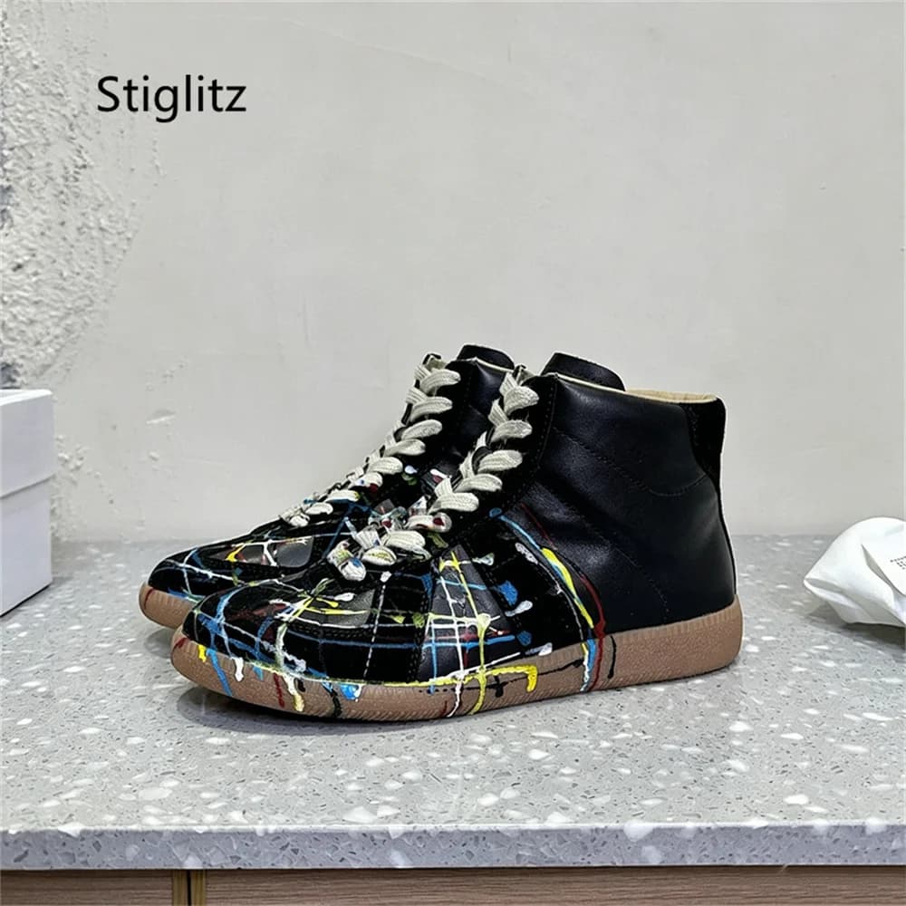 Genuine Leather High Top Sneakers Shoes Men Women Unisex Round Toe Lace Up Outdoor Walking Training Shoes Casual Couple Shoes