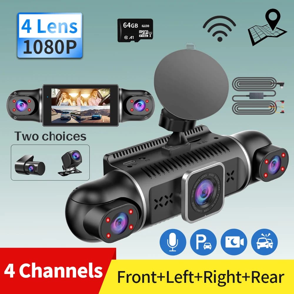 Dash Cam for Car Dash Cam 64 GB Free 360-degree DVR for Car GPS 24 Hours Parking Monitor 4 Lens HD 1080P VCR Control APP