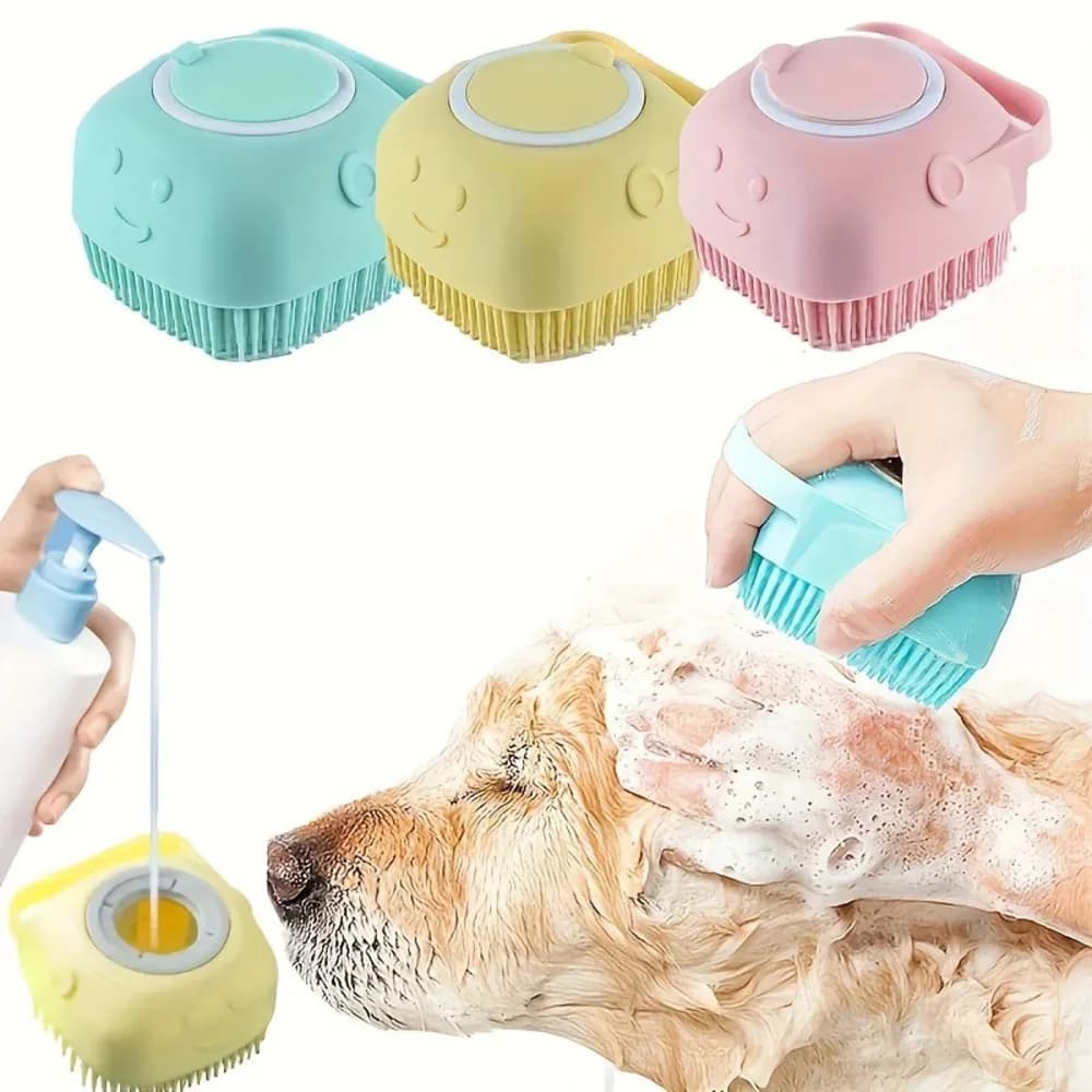 Spazzola da doccia per animali domestici in morbido silicone con contenitore per shampoo | Spazzola Autopulente e Districante per la Toelettatura di Cani e Gatti