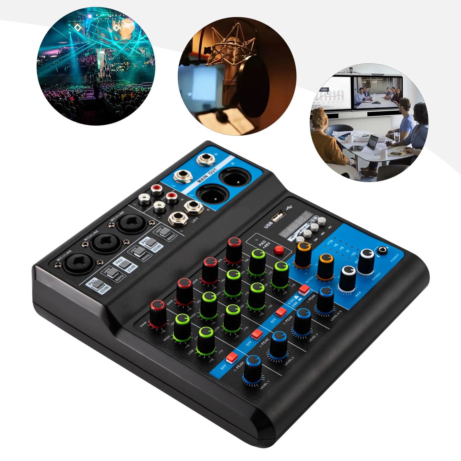 Mixer Audio a 5 Canali per Studio e Live, Console DJ con USB, Bluetooth, Riverbero, Mini Mixer Stereo, Sistema Console MP3