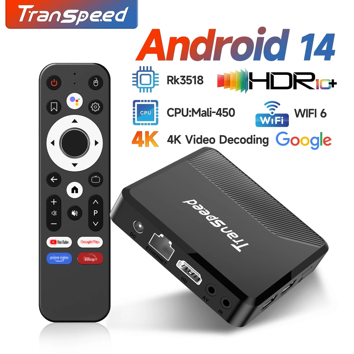 Transpeed Android 14 4K HDR10+ TV Box RK3518 Dual Wifi6 BT5.0 Set-Top Box Lettore Multimediale con Assistente Vocale Google