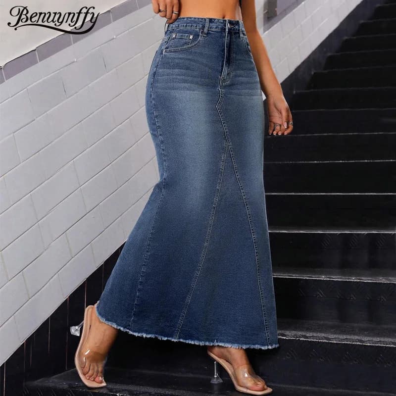 Benuynffy Vintage Hip Wrap Sirena Horlo Denim skirt Woman 2025 Spring Summer High waist Y2k Casual Raw Hem Jean Long skirts