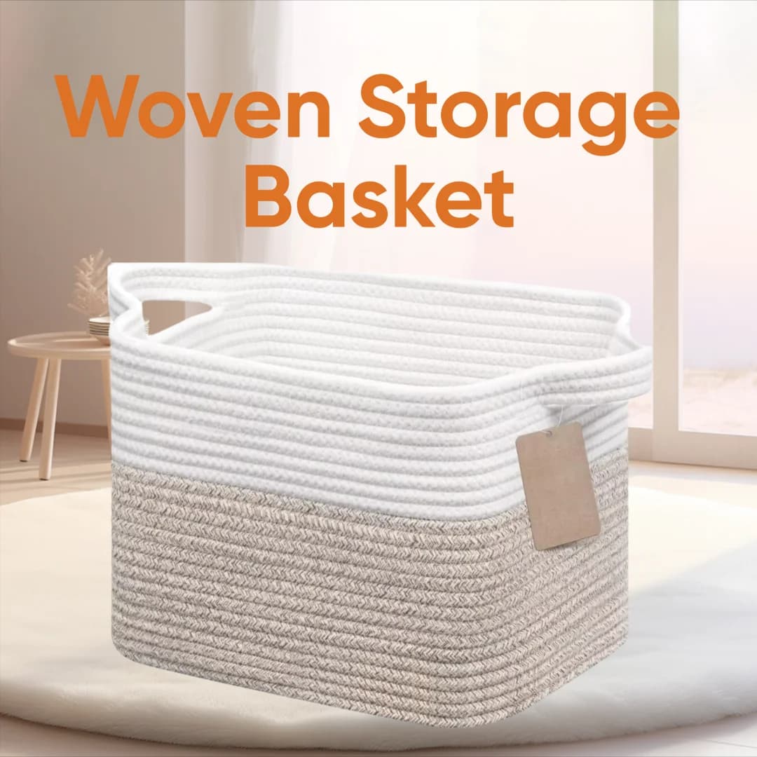 Small fabric storage basket, cotton rope basket for shelves, square shelves for organizer for home wardrobe 33x25x22.5 cm