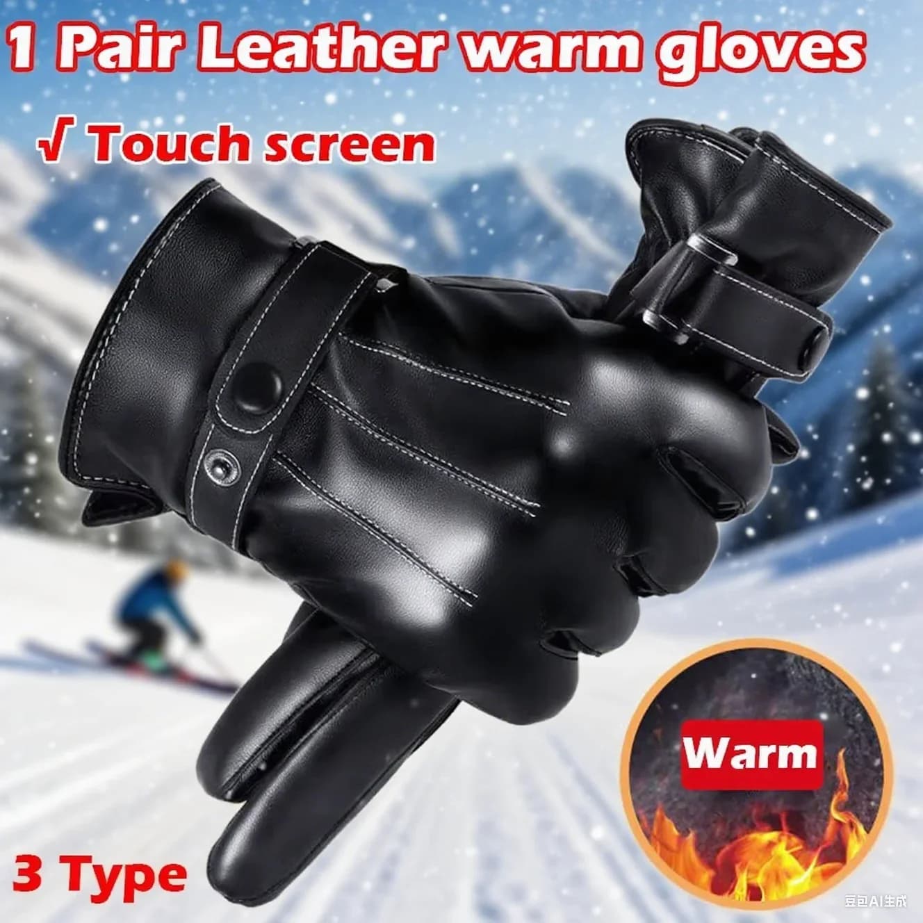 1 Pair High Quality Full Finger Black Riding Gloves Men's PU Leather Gloves Winter Warm Touch Screen Motorcycle Outdoor Gloves