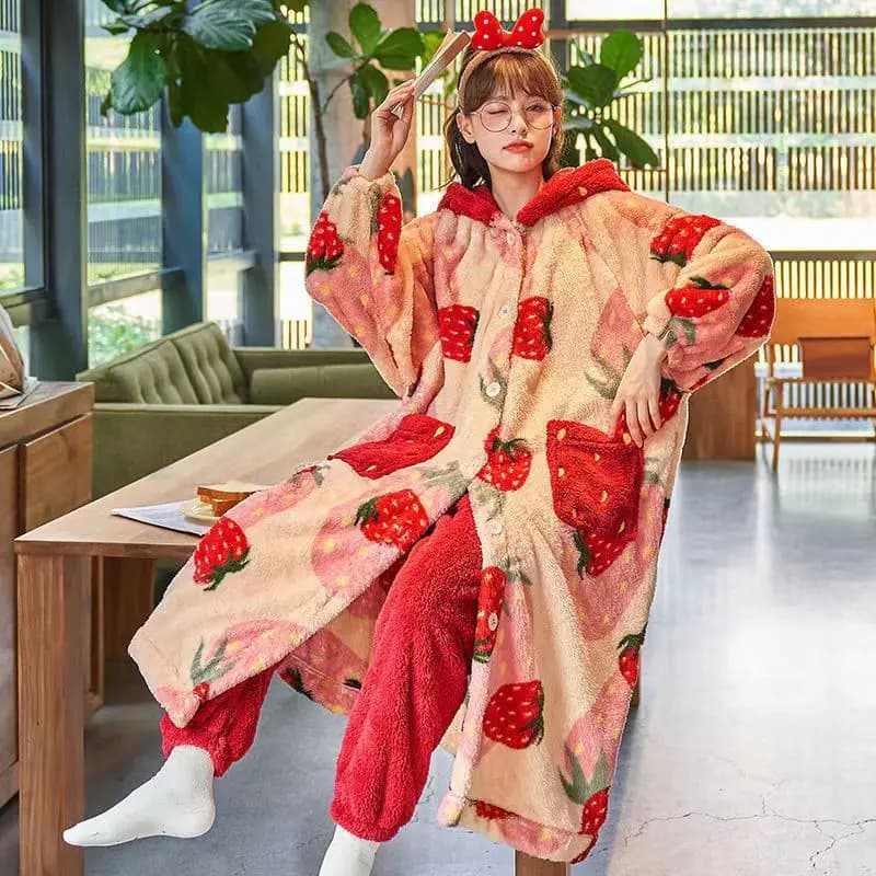 Kawaii Flanella 2025 Winter Kimono Night Shirt Strawberry Cute Home Clothing For Women Nightwear Hot Bathrobe Cartoon Hooded Long Dress