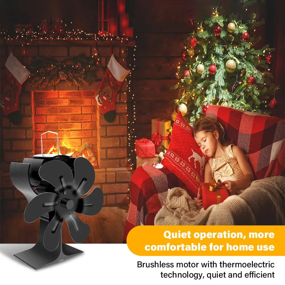 Black 6 Blades Heat Powered Stove Fan for Log Wood Burner Fireplace Efficient Heat Distribution Eco Quiet Winter Warmer Home