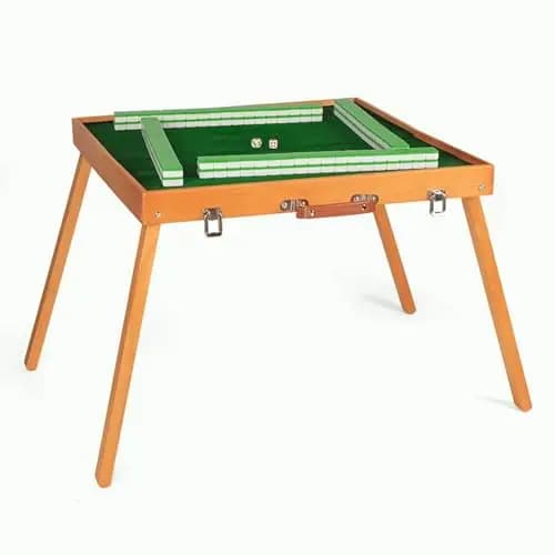 19-Inch Compact Wooden Folding Mahjong Table Featuring Green Felt Layout And Full Tile Set For Card, Domino, And Poker Play