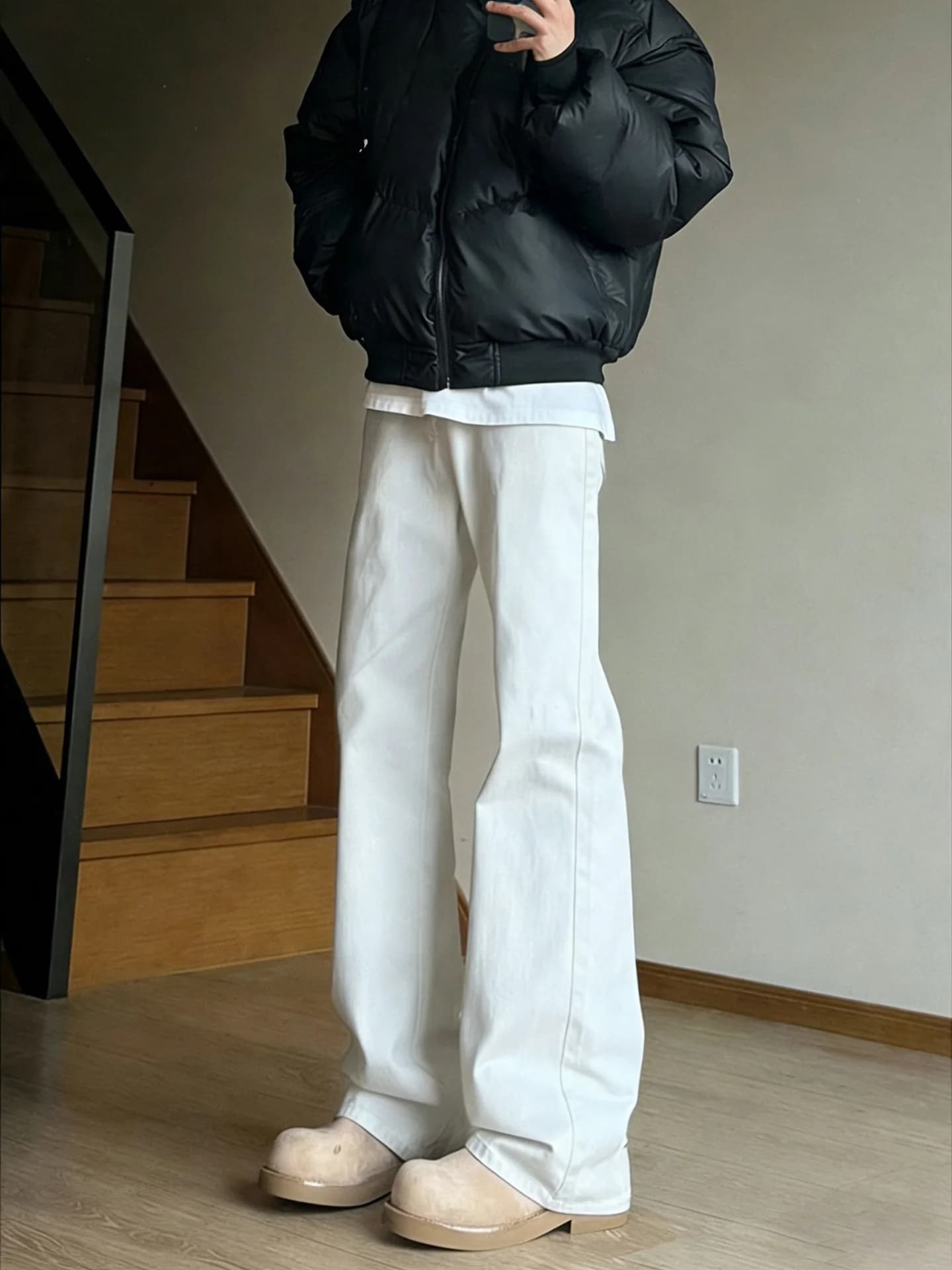 Jeans da uomo Cleanfit a vita alta e gamba dritta, foderati in pile, chiusura con cerniera a vita bassa, motivo geometrico, per uso quotidiano, collezione primavera