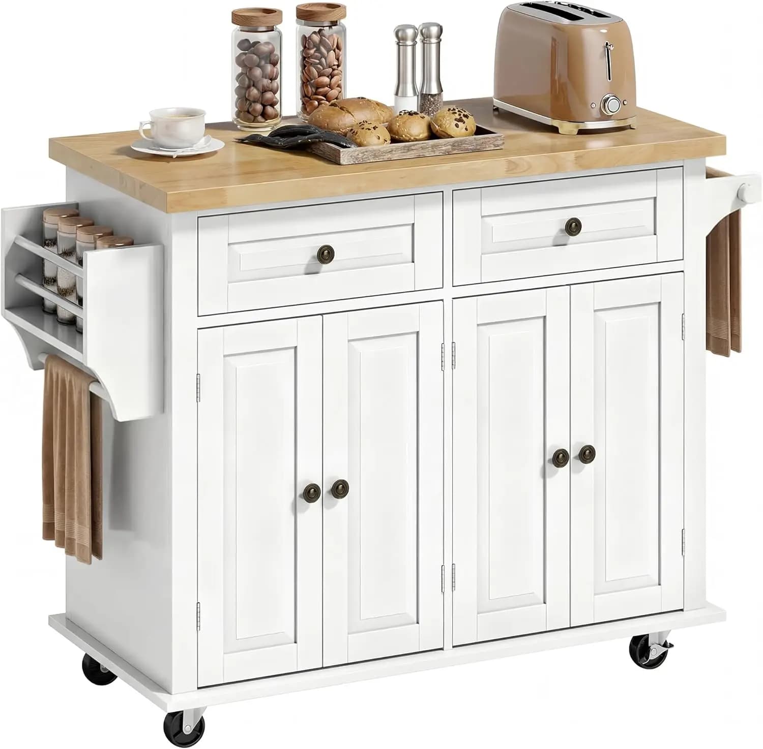 Isola da Cucina Mobile da 44 Pollici con Piano in Legno Massello, Armadietti, Cassetti, Ripiani Regolabili, Porta Spezie, Portasciugamani, Bianca