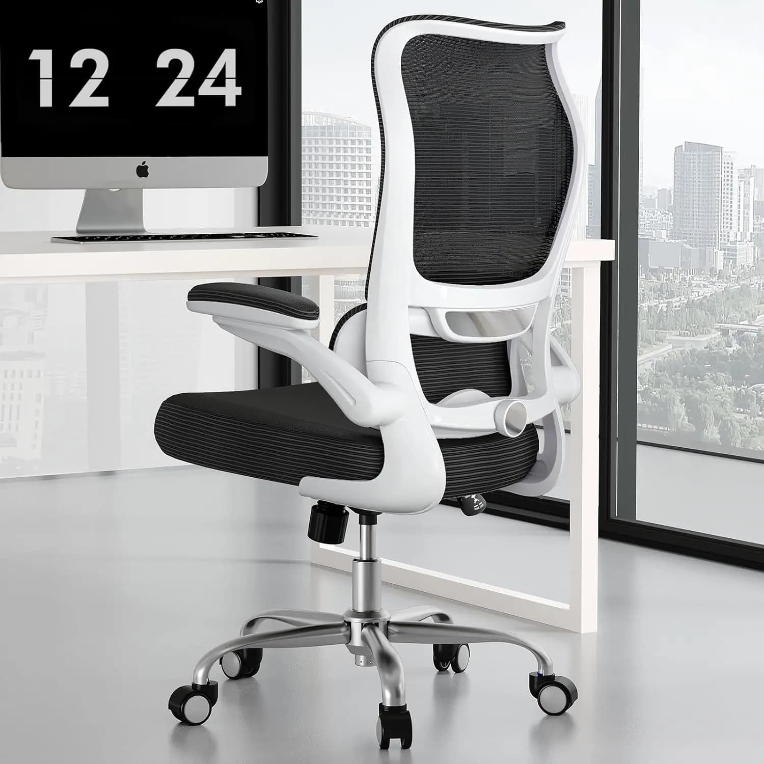 Sedia da Ufficio Ergonomica con Supporto Lombare Regolabile, Schienale in Rete e Seduta in Pelle PU per Casa o Gaming (Nero Bianco)