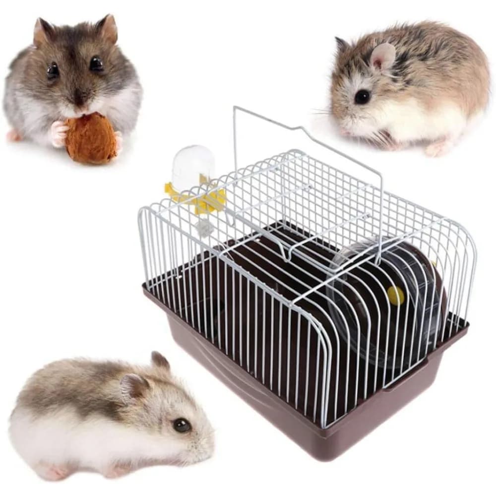 Gabbia per criceti per animali domestici con ruota da corsa, bottiglia d'acqua, bacino per alimenti, casa portante portatile, topi, habitat domestico per uscire, viaggiare