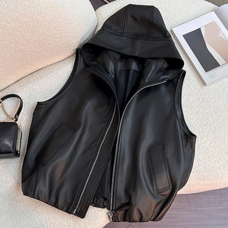 Gilet da donna in pelle PU con cerniera di grandi dimensioni 4XL da donna autunnale Gilet sottile con cappuccio da donna europeo corto in ecopelle senza maniche