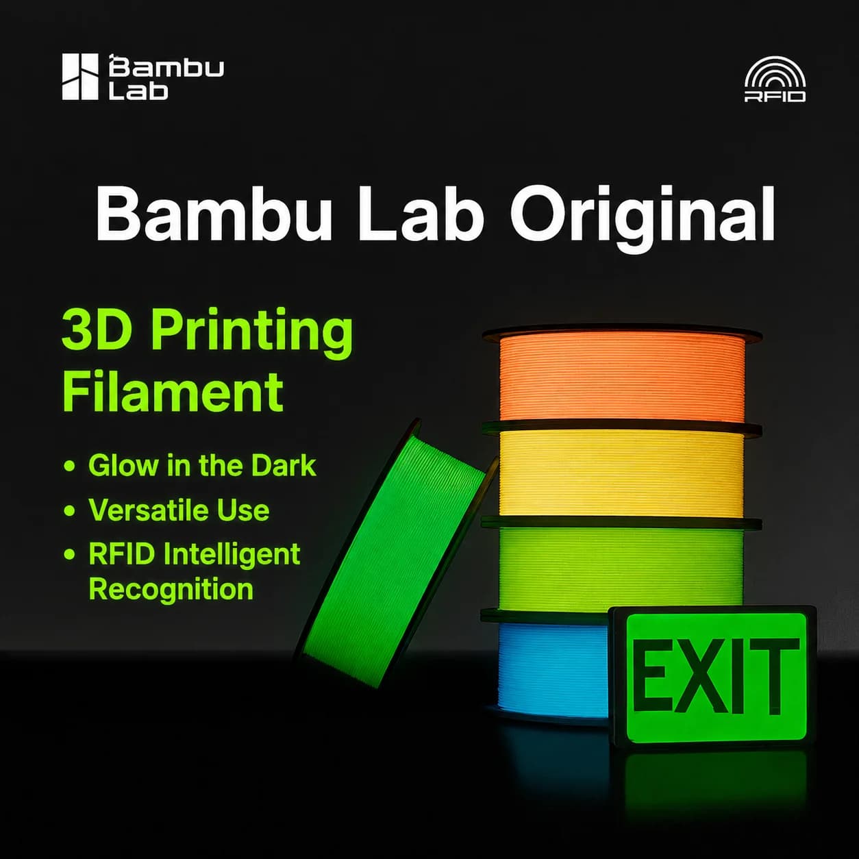 Filamento PLA Noctilucent Originale Bambu Lab per Stampante 3D, 1KG, Materiale di Stampa Fai-da-Te ad Alta Resistenza