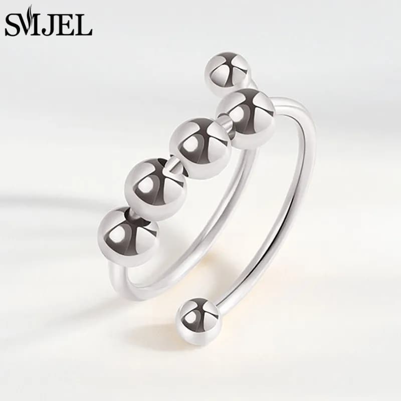 Anxiety Metal Balls Beads Rings for Women Open Spinner Adjustable Finger Ring Fashion Rotating Freely Anti Stress Jewelry Gifts