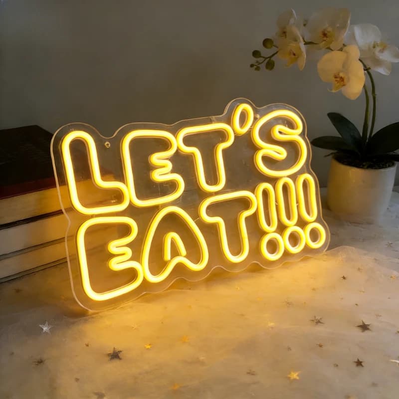 Insegna Luminosa LED 'LET'S EAT', Luce Notturna Ricaricabile USB, Decorazione Estetica per Cucina, Ristorante, Caffè, Lampada da Scrivania, Idea Regalo