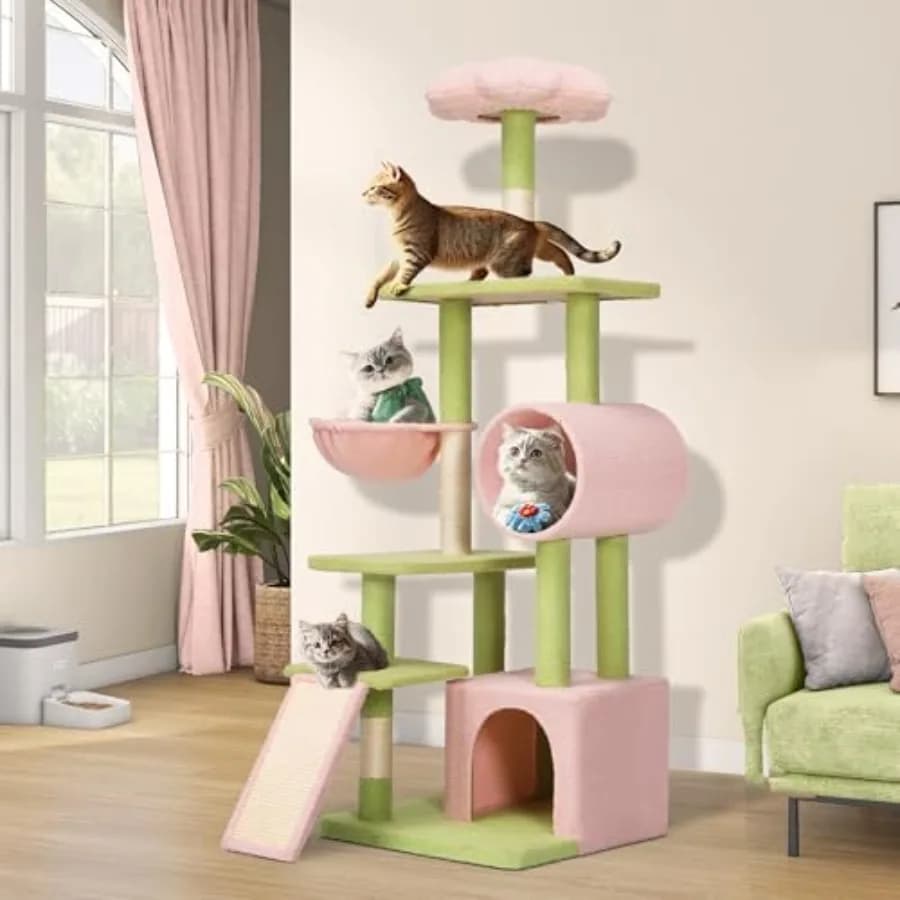 Torre per Gatti Alta con Fiori e Postazione Rimovibile 65 Pollici, Simpatica Torre da Arrampicata per Gatti da Interno con Cuccia, Cesto e Tunnel Sisa