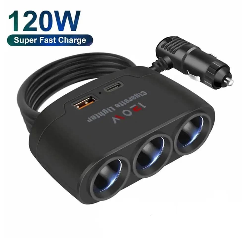 3 in 1 double USB 120W car cigarette lighter Splitter 12V 24V charger quick plug power adapter for car DVR GPS Dashcam