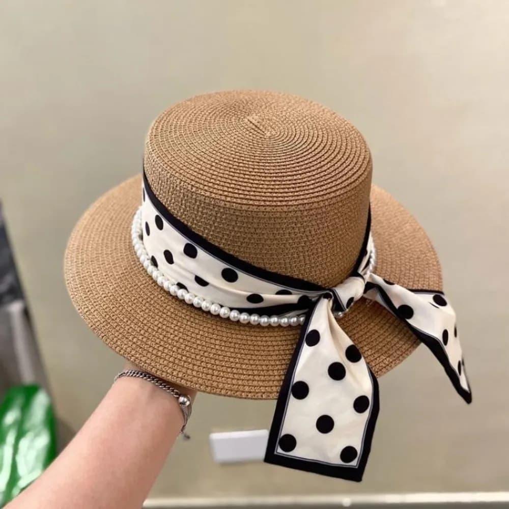 Luxury Look Sun Protection Straw Hat Dot Ribbon Pearl Wide Brim Bucket Hats French Flat Top Hat Summer